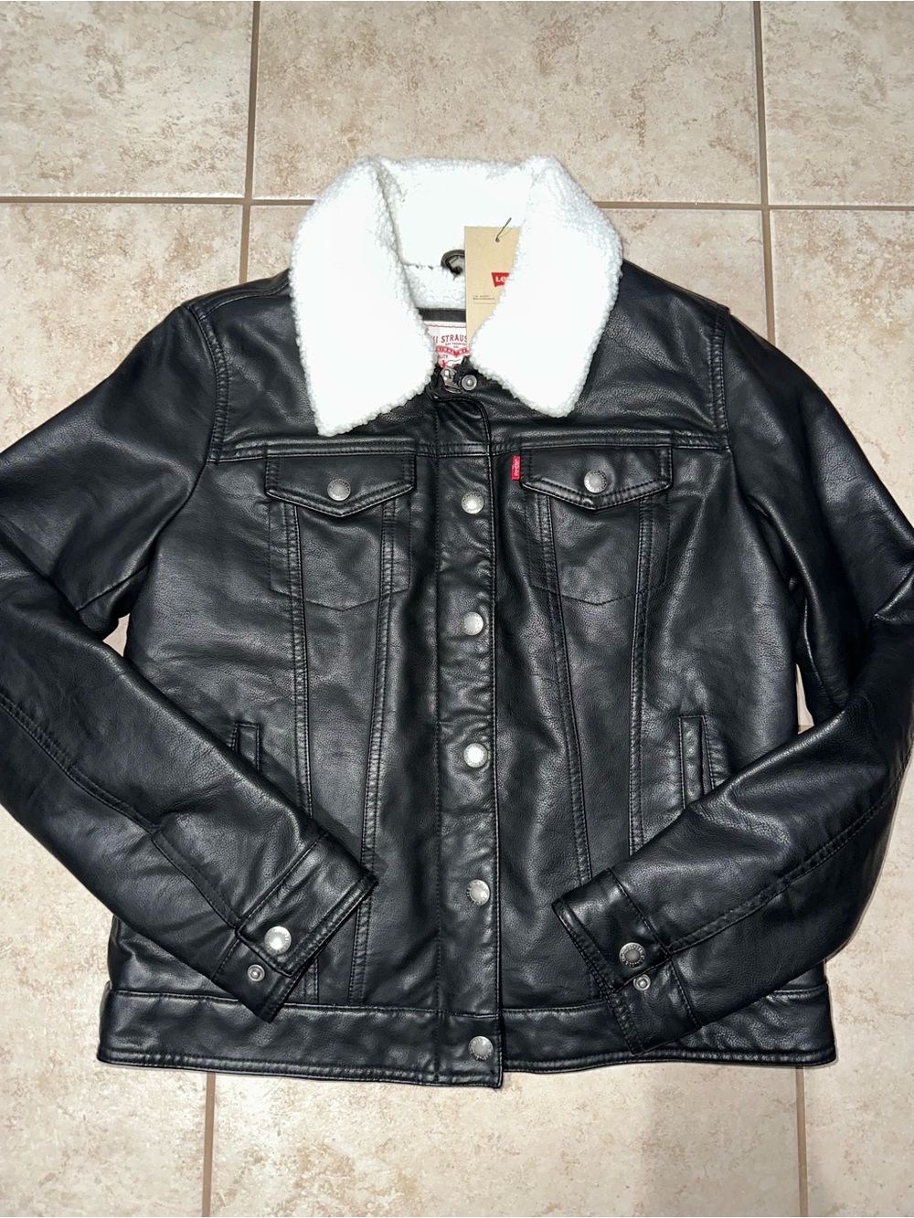 Levi's Black Faux Leather Jacket with White Sherpa Collar